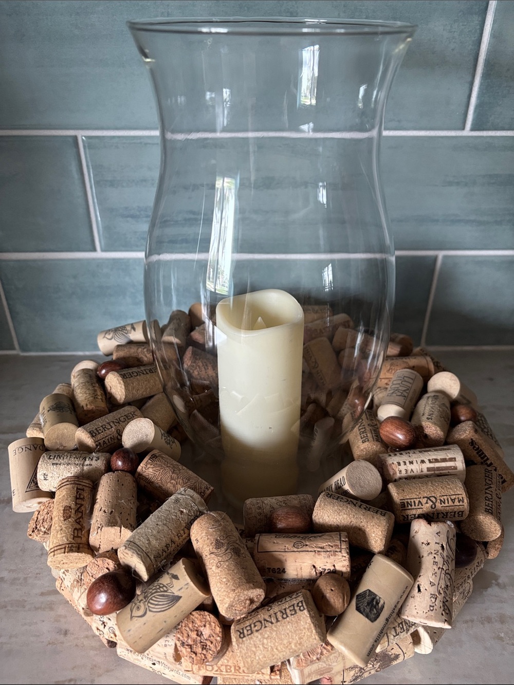 Hand Crafted Cork Wreath Lantern with Amber LED Candle